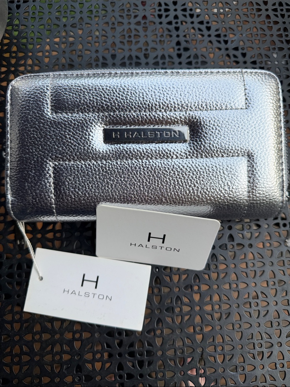 Halston Heritage Metallic Silver Pebbled Leather Zip Wallet